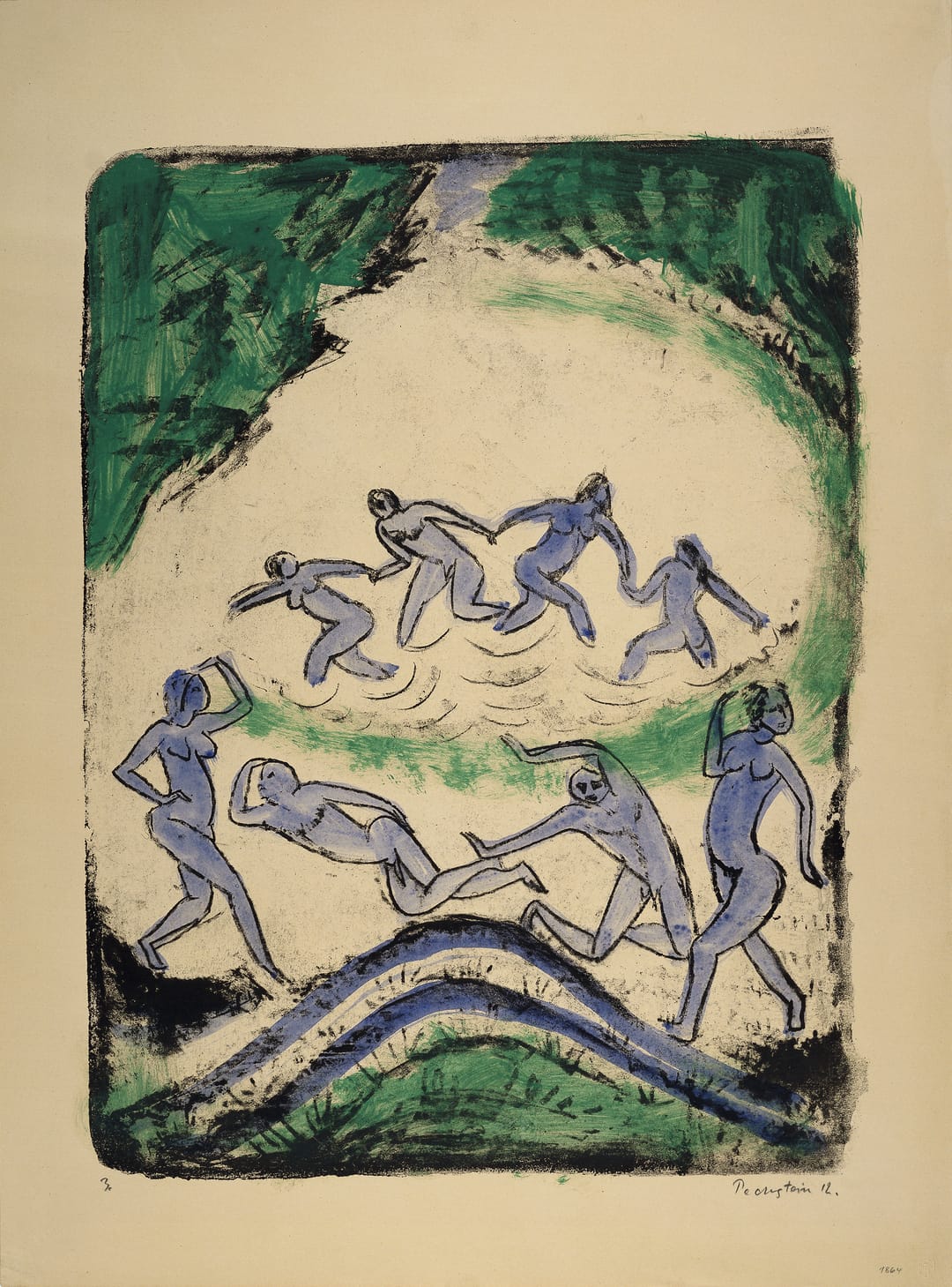 Max Pechstein, Der Tanz, 1912: blaue Figuren tanzen und baden an einem Teich im Wald, gerahmt von grünen Bäumen